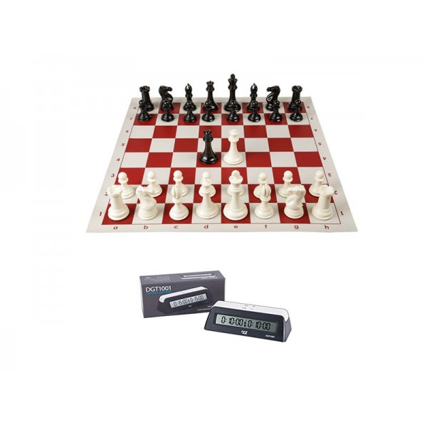 19.69" Red vinyl chess board with staunton plastic 3.75" & DGT 1001 timer