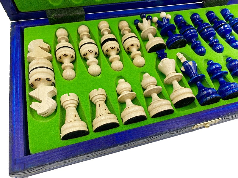 12.20" Wooden chess set glossy blue 