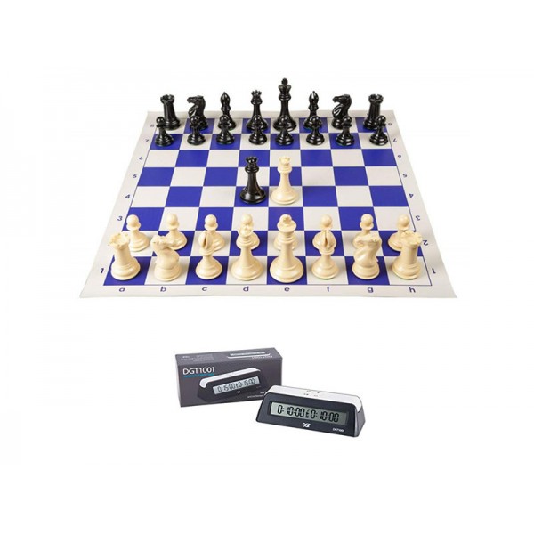 Blue vinyl chess board with staunton plastic 3.75" & DGT 1001 timer