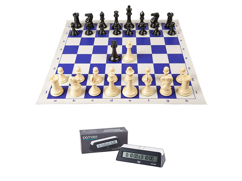 20" blue vinyl chess board with staunton plastic 3.75" & DGT 1001 timer