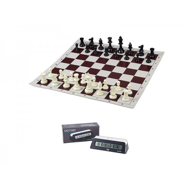 20" brown vinyl chess board with pieces plastic 3.75" & DGT 1001 timer