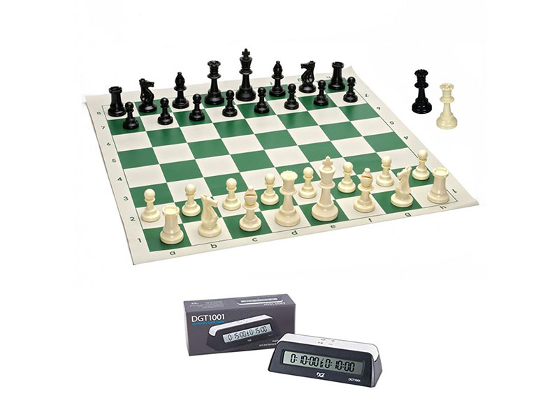 Green vinyl chess board with pieces plastic 3.75" & DGT 1001 timer