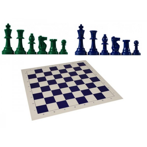 20" blue vinyl chess board with blue/green pcs 3.75"