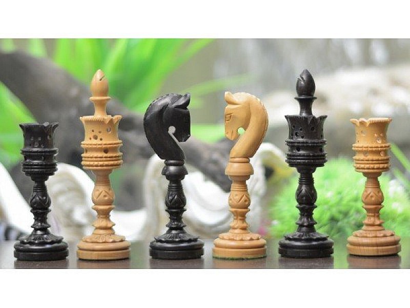 Indian Lotus boxwood/ebonized 4" chess pieces